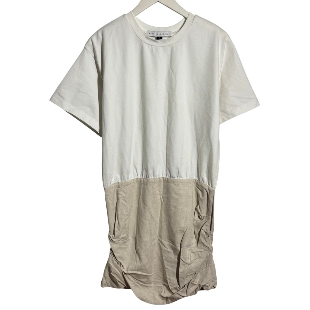 Delfi Collective Mixed Media Mini Dress White Tan Linen Ruched Skirt M Minimal